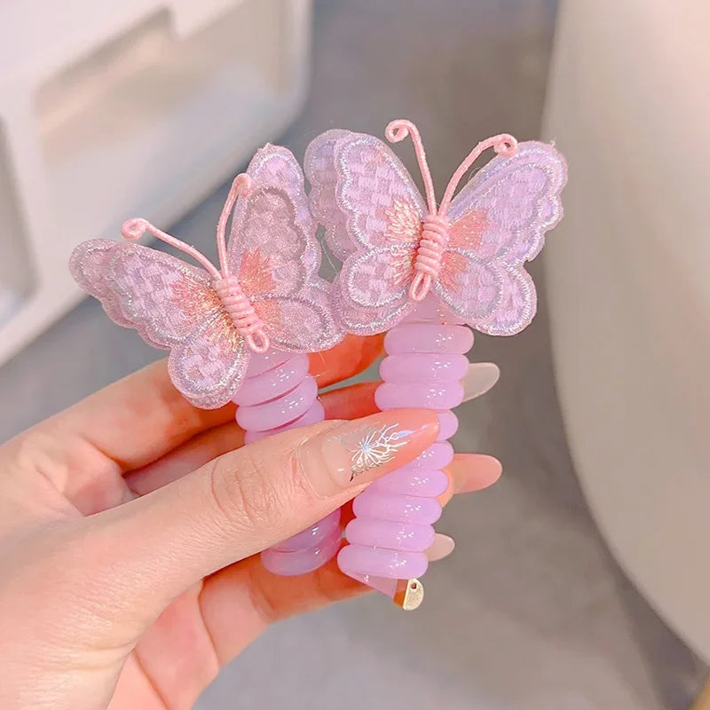 2 Pcs Embroidered Butterfly Elastic Spiral Telephone Line Hair Rope Head Rope Ponytail Hair Ring Rubber Band Headdress For Kids