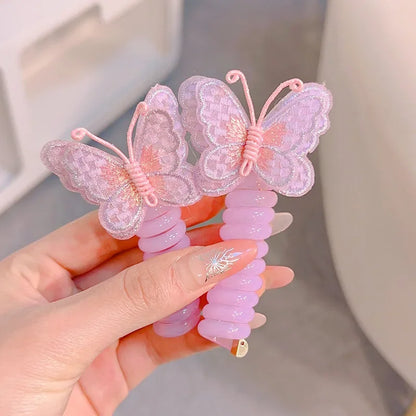 2 Pcs Embroidered Butterfly Elastic Spiral Telephone Line Hair Rope Head Rope Ponytail Hair Ring Rubber Band Headdress For Kids