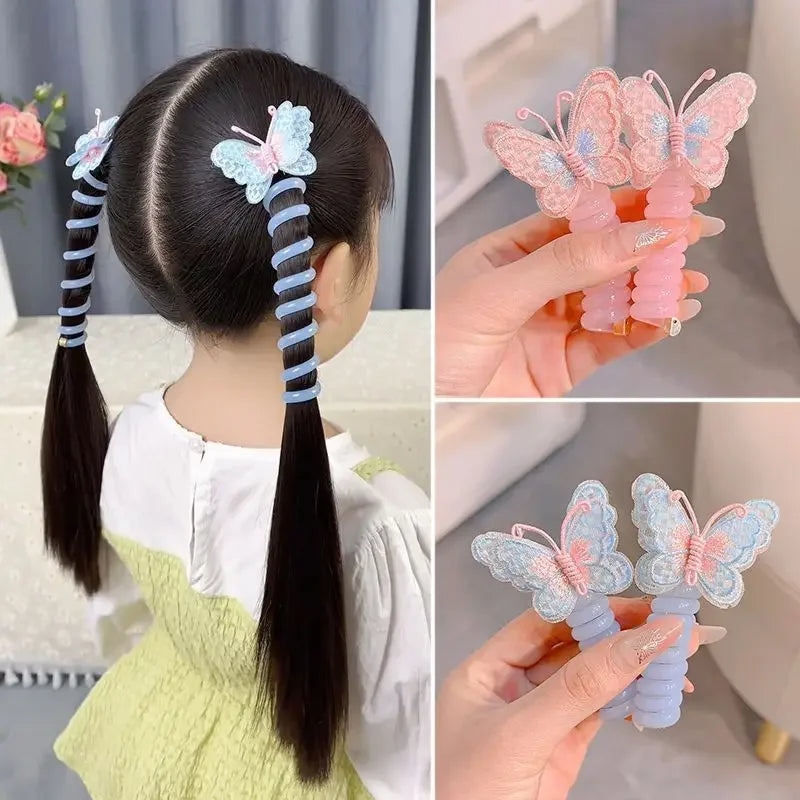 2 Pcs Embroidered Butterfly Elastic Spiral Telephone Line Hair Rope Head Rope Ponytail Hair Ring Rubber Band Headdress For Kids