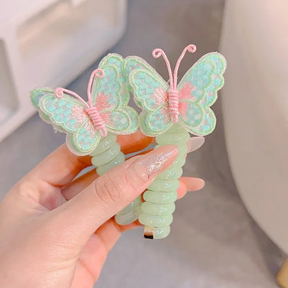 2 Pcs Embroidered Butterfly Elastic Spiral Telephone Line Hair Rope Head Rope Ponytail Hair Ring Rubber Band Headdress For Kids