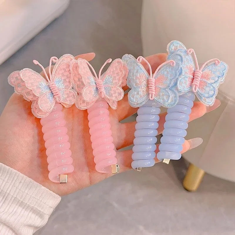 2 Pcs Embroidered Butterfly Elastic Spiral Telephone Line Hair Rope Head Rope Ponytail Hair Ring Rubber Band Headdress For Kids