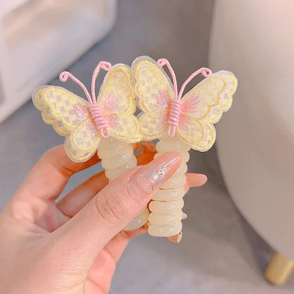 2 Pcs Embroidered Butterfly Elastic Spiral Telephone Line Hair Rope Head Rope Ponytail Hair Ring Rubber Band Headdress For Kids