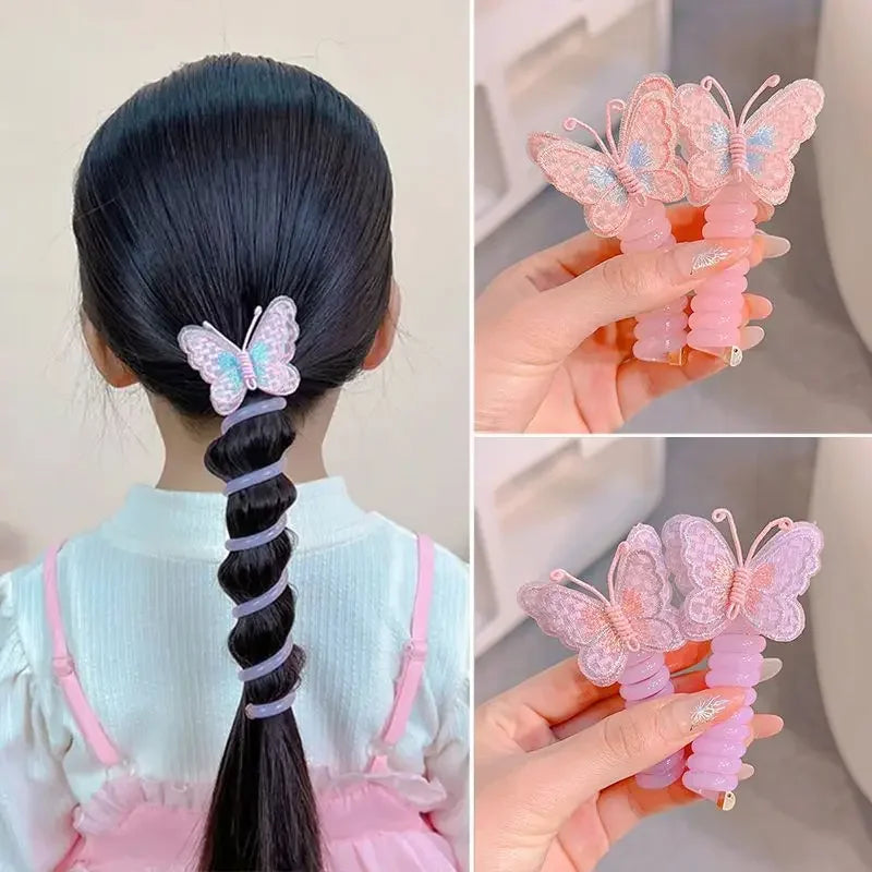 2 Pcs Embroidered Butterfly Elastic Spiral Telephone Line Hair Rope Head Rope Ponytail Hair Ring Rubber Band Headdress For Kids