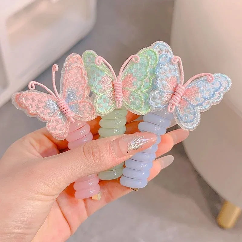 2 Pcs Embroidered Butterfly Elastic Spiral Telephone Line Hair Rope Head Rope Ponytail Hair Ring Rubber Band Headdress For Kids