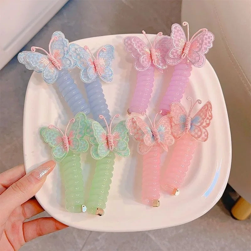 2 Pcs Embroidered Butterfly Elastic Spiral Telephone Line Hair Rope Head Rope Ponytail Hair Ring Rubber Band Headdress For Kids