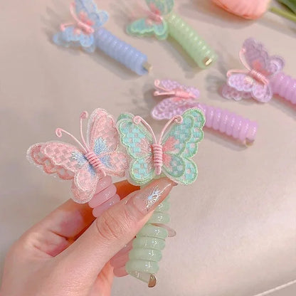 2 Pcs Embroidered Butterfly Elastic Spiral Telephone Line Hair Rope Head Rope Ponytail Hair Ring Rubber Band Headdress For Kids