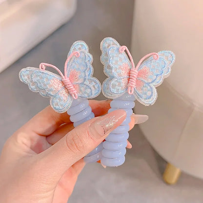 2 Pcs Embroidered Butterfly Elastic Spiral Telephone Line Hair Rope Head Rope Ponytail Hair Ring Rubber Band Headdress For Kids