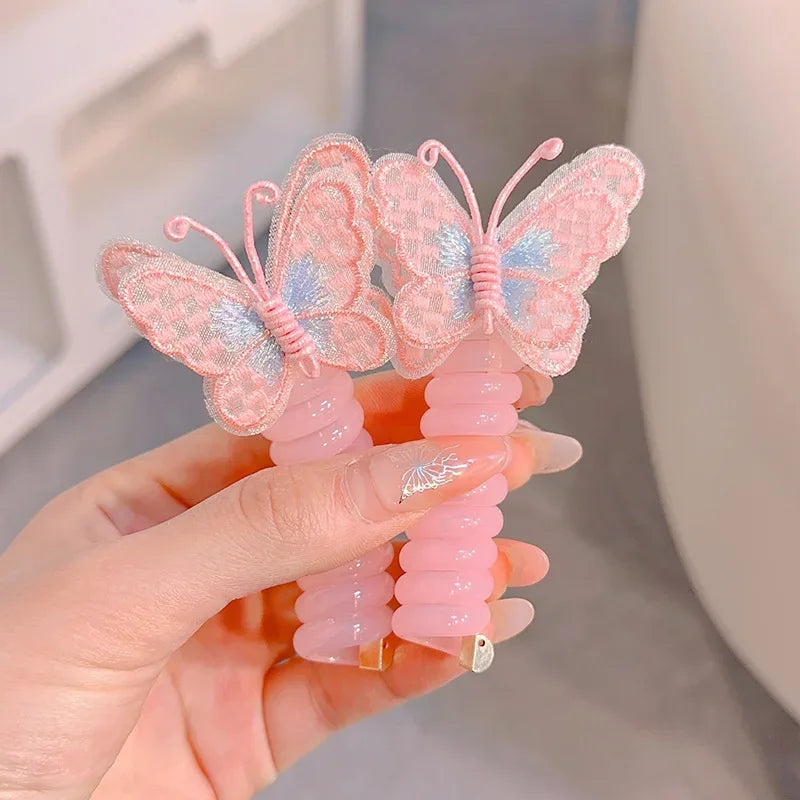 2 Pcs Embroidered Butterfly Elastic Spiral Telephone Line Hair Rope Head Rope Ponytail Hair Ring Rubber Band Headdress For Kids