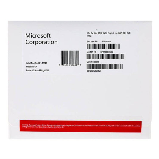Microsoft Windows Server 2016 DataCenter COA key for 2CPU/2VM 24CORE OEM DVD Pack - INFINITE-ITECH
